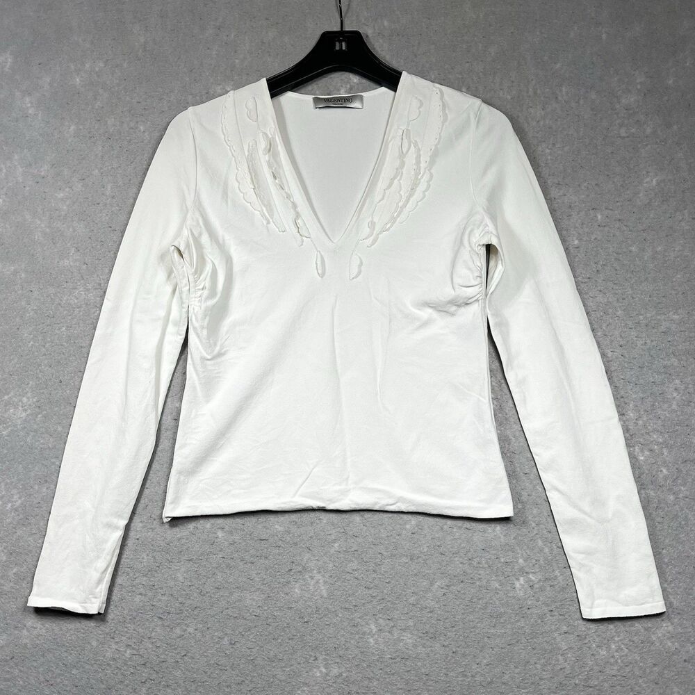 Valentino Shirt Womens Size Small Cream Ruffled long Sleeve V Neck Stretchy